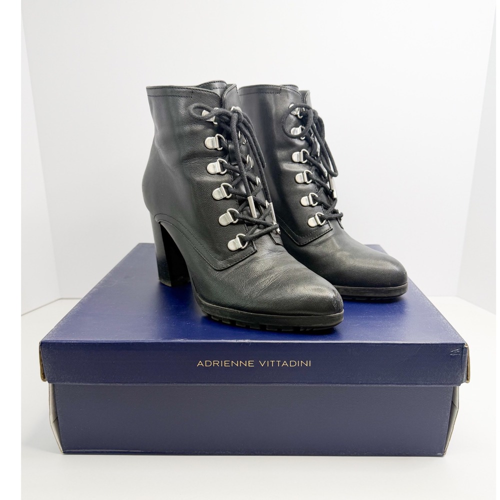 Adrienne Vittadini Thad Black Lace Up Block‎ Heel Ankle Boots Women's 7.5 M Goth